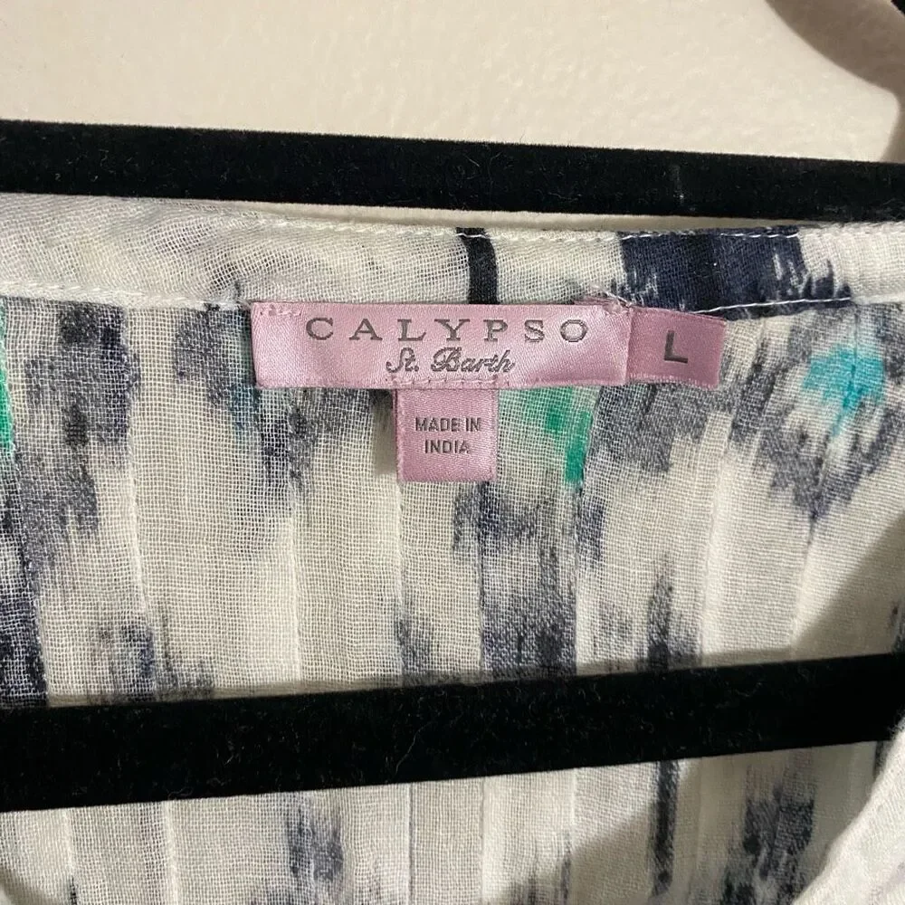 Calypso St Barth Women’s Size Large Fit Flare Blouse White Turquoise Tie Waist - Picture 6 of 8